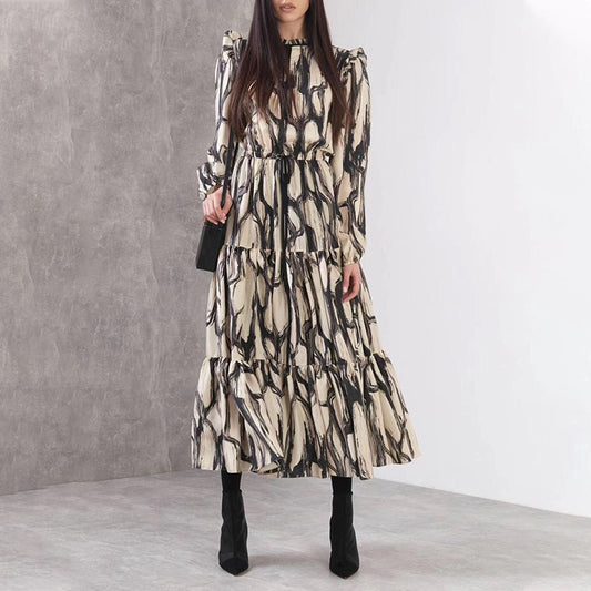 Women Maxi Dress Female Long Sleeve Printed Robe Lady